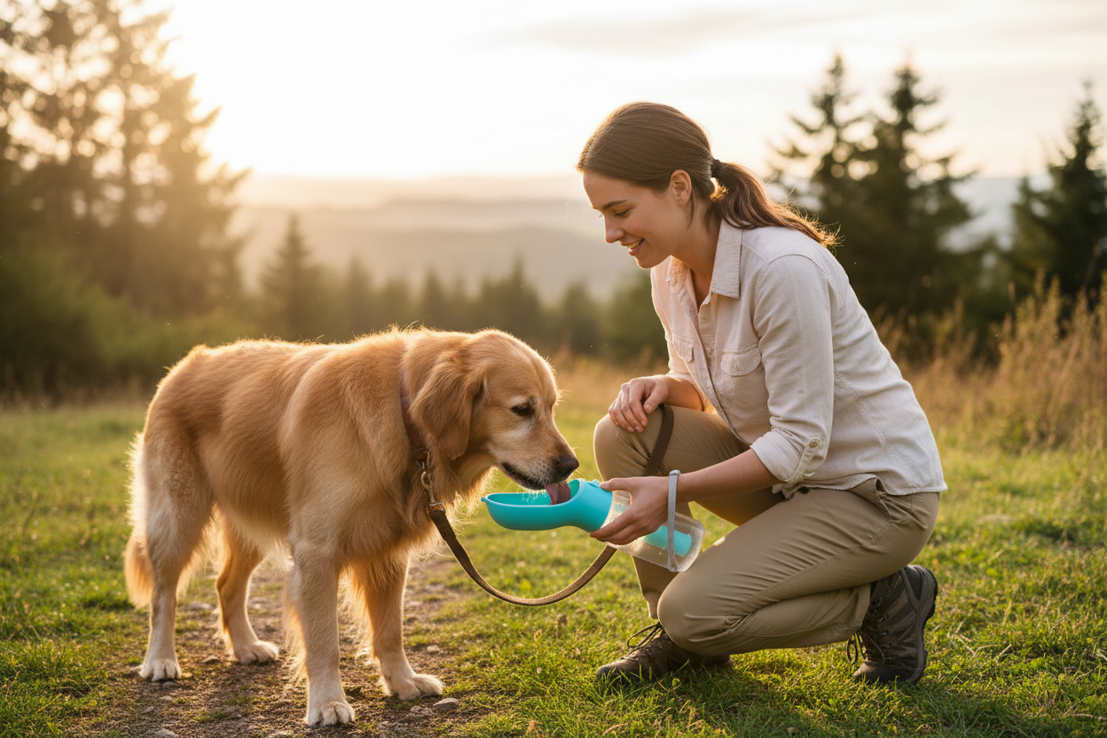 Dog owner giving dog water with PawQuench bottle